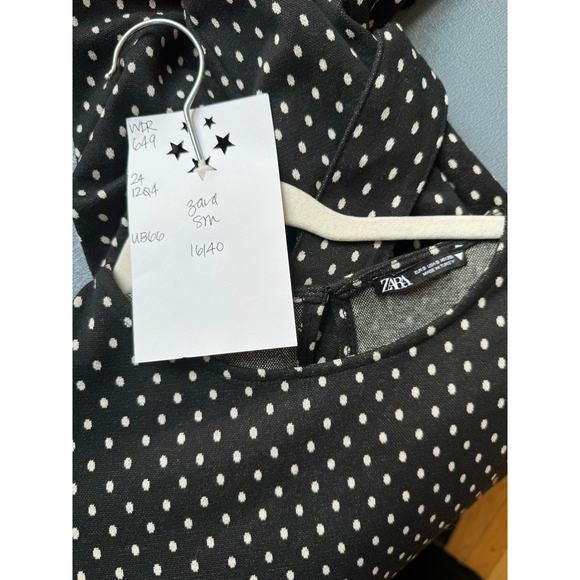 Zara Dress Women's Small Black Short Sleeve Belted Polka Dot Midi - Picture 3 of 4